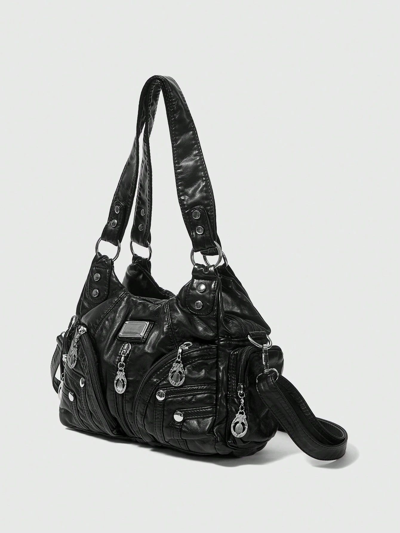 ROMWE Grunge Punk New Punk Rock Chic Ladies Shoulder Tote Bag, Darkcore Motorcycle Handbag For Women, New Fashionable Big Bags For Women, Goth