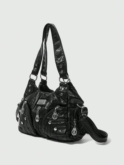 ROMWE Grunge Punk New Punk Rock Chic Ladies Shoulder Tote Bag, Darkcore Motorcycle Handbag For Women, New Fashionable Big Bags For Women, Goth