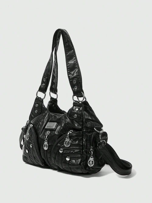 ROMWE Grunge Punk New Punk Rock Chic Ladies Shoulder Tote Bag, Darkcore Motorcycle Handbag For Women, New Fashionable Big Bags For Women, Goth