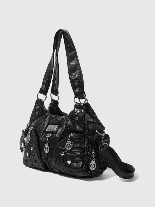 ROMWE Grunge Punk New Punk Rock Chic Ladies Shoulder Tote Bag, Darkcore Motorcycle Handbag For Women, New Fashionable Big Bags For Women, Goth