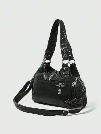 ROMWE Grunge Punk New Punk Rock Chic Ladies Shoulder Tote Bag, Darkcore Motorcycle Handbag For Women, New Fashionable Big Bags For Women, Goth
