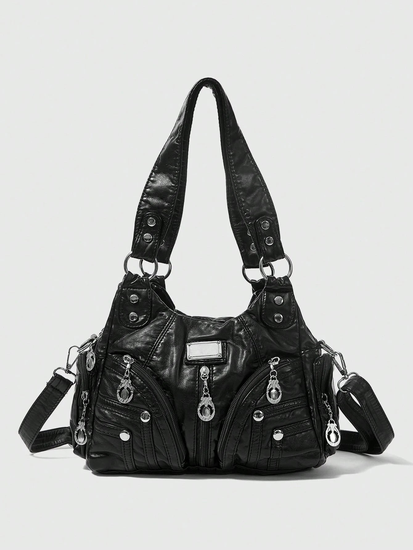 ROMWE Grunge Punk New Punk Rock Chic Ladies Shoulder Tote Bag, Darkcore Motorcycle Handbag For Women, New Fashionable Big Bags For Women, Goth