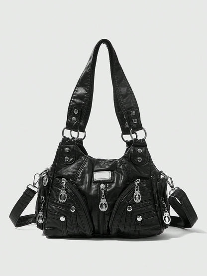 ROMWE Grunge Punk New Punk Rock Chic Ladies Shoulder Tote Bag, Darkcore Motorcycle Handbag For Women, New Fashionable Big Bags For Women, Goth
