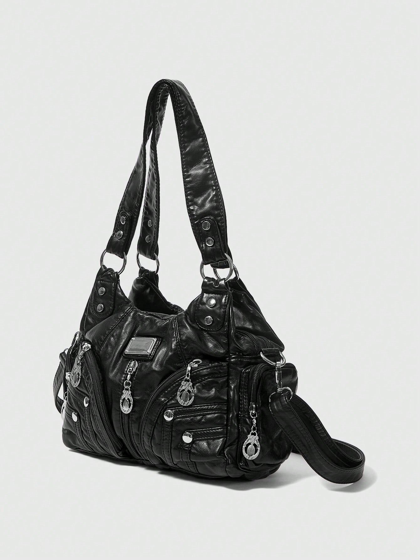 ROMWE Grunge Punk New Punk Rock Chic Ladies Shoulder Tote Bag, Darkcore Motorcycle Handbag For Women, New Fashionable Big Bags For Women, Goth