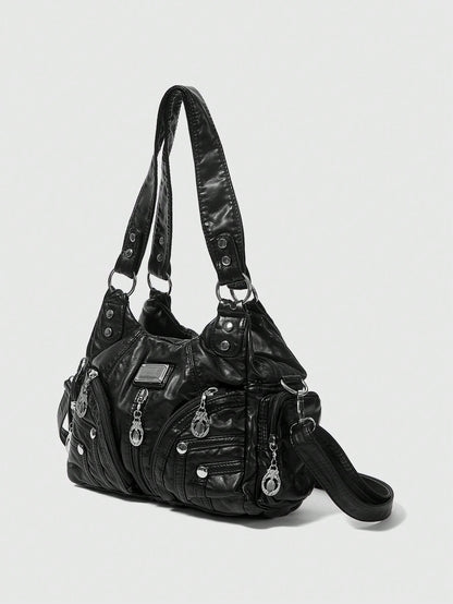 ROMWE Grunge Punk New Punk Rock Chic Ladies Shoulder Tote Bag, Darkcore Motorcycle Handbag For Women, New Fashionable Big Bags For Women, Goth