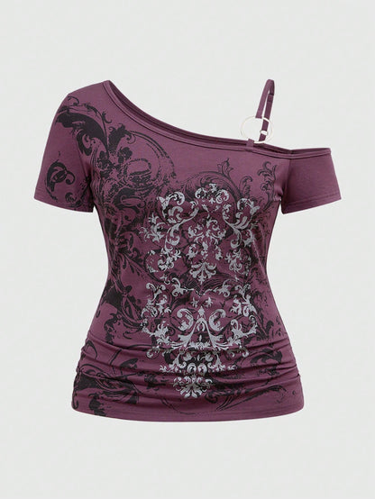 ROMWE Grunge Punk Purple Gothic Punk Street Vine Vintage Sleeveless Asymmetrical Neck Plus-Size Summer T-Shirt
