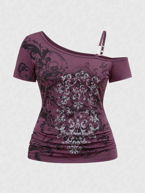ROMWE Grunge Punk Purple Gothic Punk Street Vine Vintage Sleeveless Asymmetrical Neck Plus-Size Summer T-Shirt