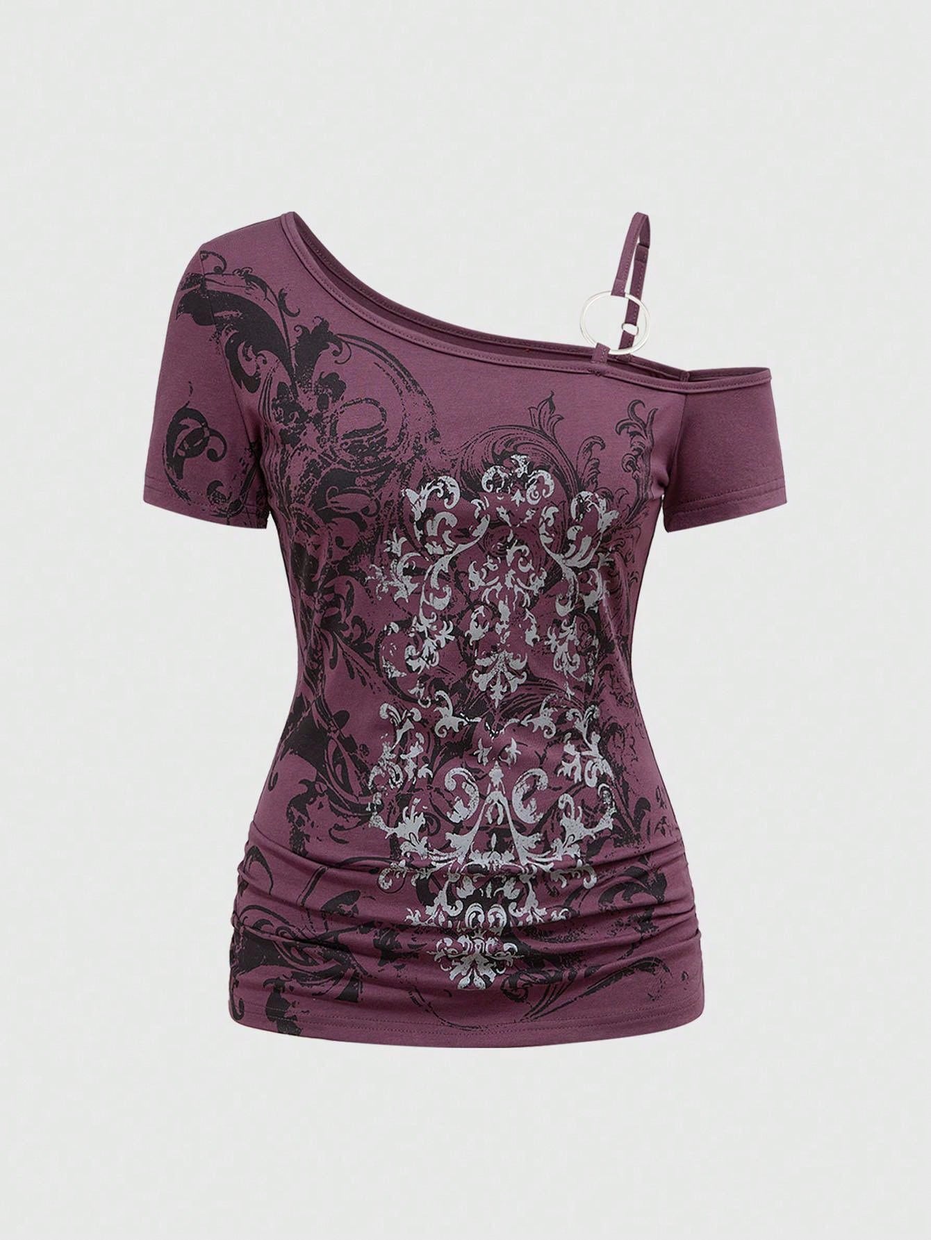 ROMWE Grunge Punk Purple Gothic Punk Street Vine Vintage Sleeveless Asymmetrical Neck Plus-Size Summer T-Shirt