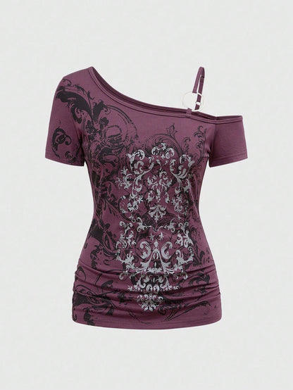 ROMWE Grunge Punk Purple Gothic Punk Street Vine Vintage Sleeveless Asymmetrical Neck Plus-Size Summer T-Shirt