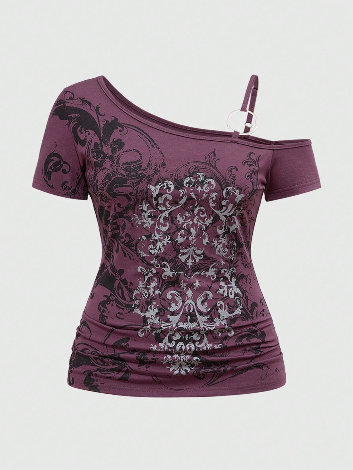 ROMWE Grunge Punk Purple Gothic Punk Street Vine Vintage Sleeveless Asymmetrical Neck Plus-Size Summer T-Shirt