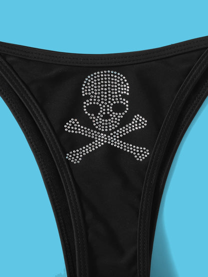 ROMWE Grunge Punk Skull Rhinestone Bikini Set Triangle Bra & Thong Bottom 2 Piece Gothic Bathing Suit,Summer Beach