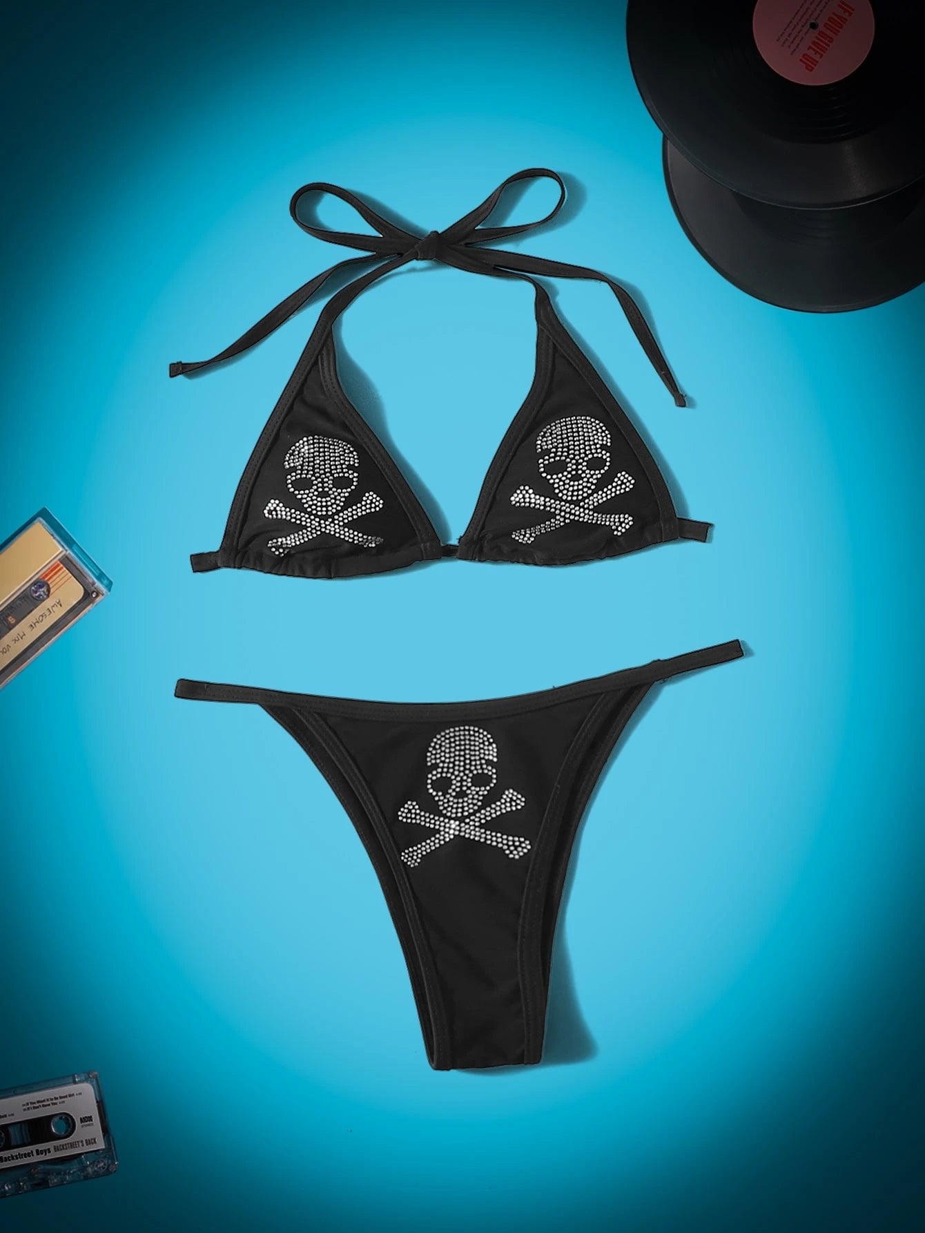 ROMWE Grunge Punk Skull Rhinestone Bikini Set Triangle Bra & Thong Bottom 2 Piece Gothic Bathing Suit,Summer Beach