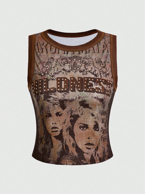 ROMWE Grunge Punk Spring/Summer Carnival Casual Graphic Red Women's Kpop Summer Fashion Vintage Figure Print Rhinestone Embellished Tank Top