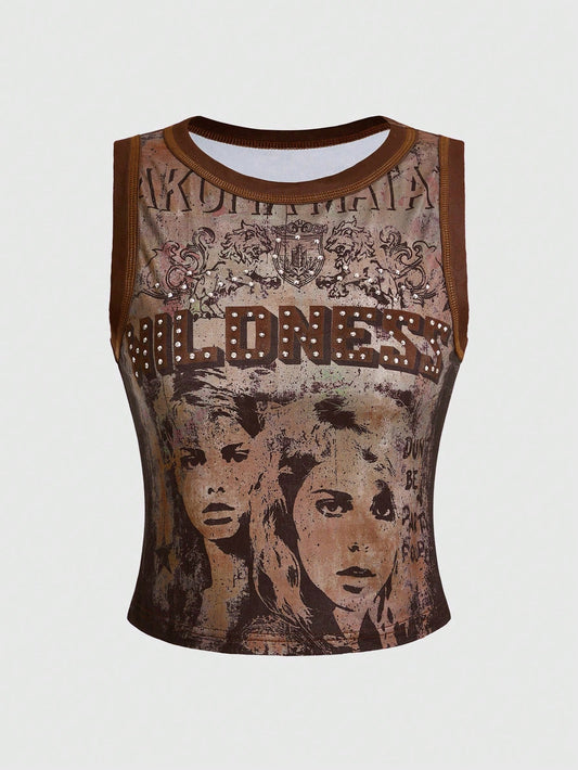 ROMWE Grunge Punk Spring/Summer Carnival Casual Graphic Red Women's Kpop Summer Fashion Vintage Figure Print Rhinestone Embellished Tank Top