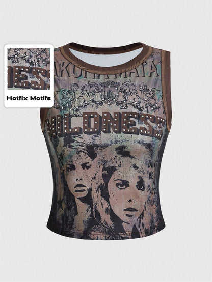 ROMWE Grunge Punk Spring/Summer Carnival Casual Graphic Red Women's Kpop Summer Fashion Vintage Figure Print Rhinestone Embellished Tank Top