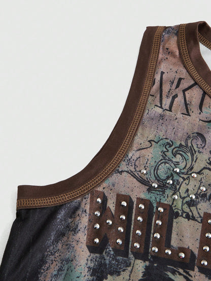 ROMWE Grunge Punk Spring/Summer Carnival Casual Graphic Red Women's Kpop Summer Fashion Vintage Figure Print Rhinestone Embellished Tank Top