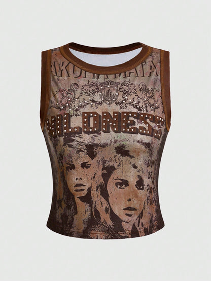 ROMWE Grunge Punk Spring/Summer Carnival Casual Graphic Red Women's Kpop Summer Fashion Vintage Figure Print Rhinestone Embellished Tank Top
