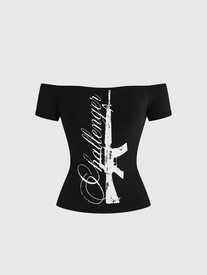 ROMWE Grunge Punk Summer Music Festival Punk Slogan Print Off-Shoulder Bodycon Top