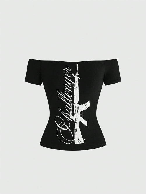 ROMWE Grunge Punk Summer Music Festival Punk Slogan Print Off-Shoulder Bodycon Top