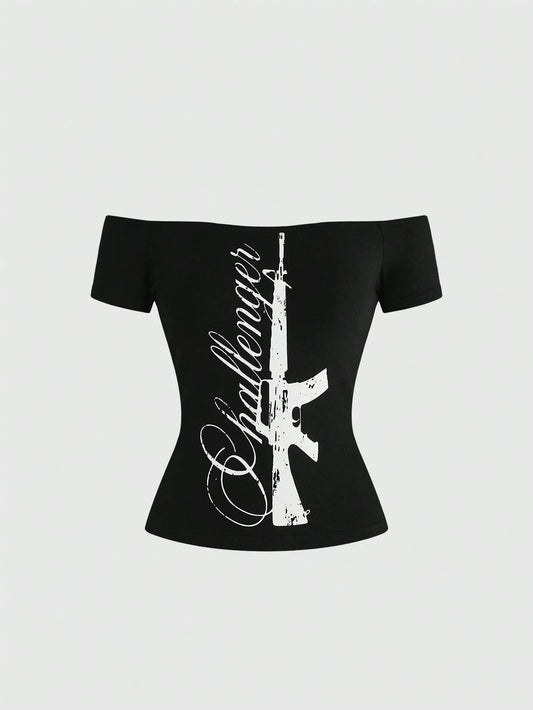 ROMWE Grunge Punk Summer Music Festival Punk Slogan Print Off-Shoulder Bodycon Top
