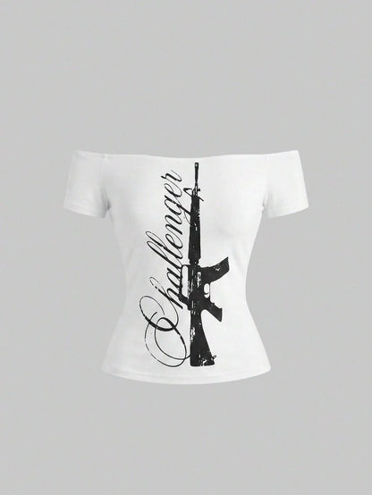 ROMWE Grunge Punk Summer Music Festival Punk Slogan Print Off-Shoulder Bodycon Top