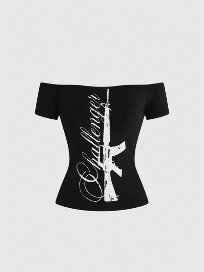 ROMWE Grunge Punk Summer Music Festival Punk Slogan Print Off-Shoulder Bodycon Top