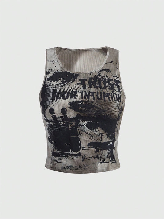 ROMWE Grunge Punk Tie-Dye Eyes Letter Print Tank Top, School