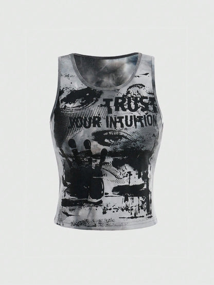 ROMWE Grunge Punk Tie-Dye Eyes Letter Print Tank Top, School