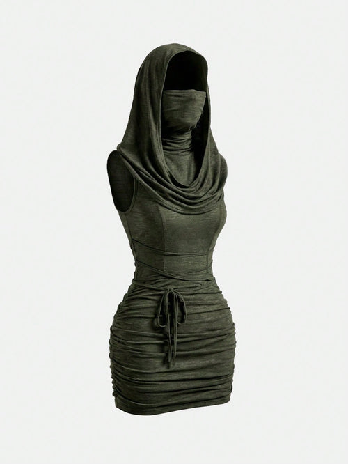 ROMWE Grunge Punk Y2K Vintage Apocalyptic Hooded Loose Collar Bodycon Mini Dress For Women