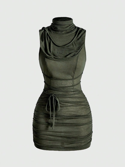 ROMWE Grunge Punk Y2K Vintage Apocalyptic Hooded Loose Collar Bodycon Mini Dress For Women
