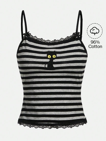 ROMWE Hippie Magical Black Cat Embroidery Striped Camisole Tank Top