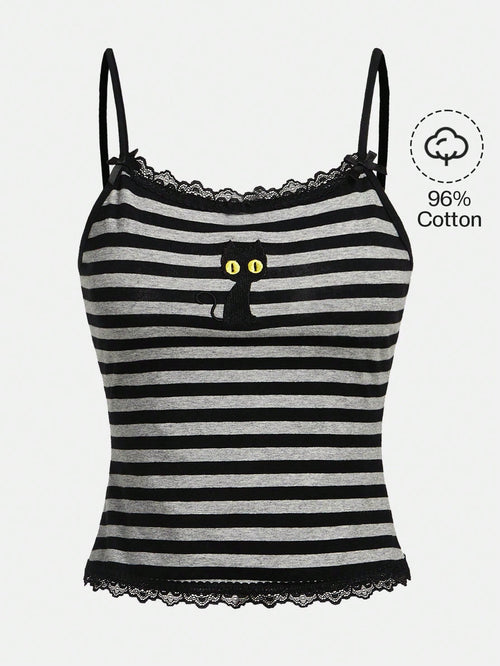 ROMWE Hippie Magical Black Cat Embroidery Striped Camisole Tank Top
