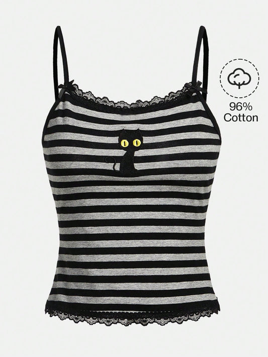 ROMWE Hippie Magical Black Cat Embroidery Striped Camisole Tank Top
