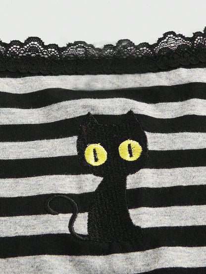 ROMWE Hippie Magical Black Cat Embroidery Striped Camisole Tank Top