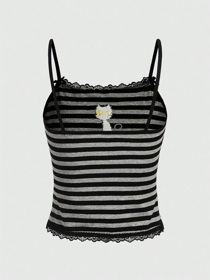 ROMWE Hippie Magical Black Cat Embroidery Striped Camisole Tank Top
