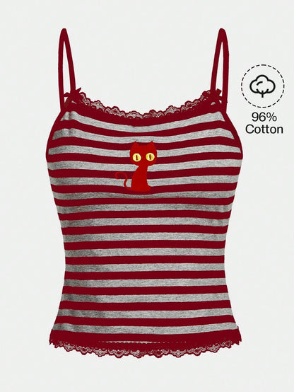 ROMWE Hippie Magical Black Cat Embroidery Striped Camisole Tank Top