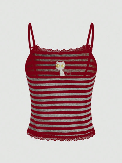 ROMWE Hippie Magical Black Cat Embroidery Striped Camisole Tank Top