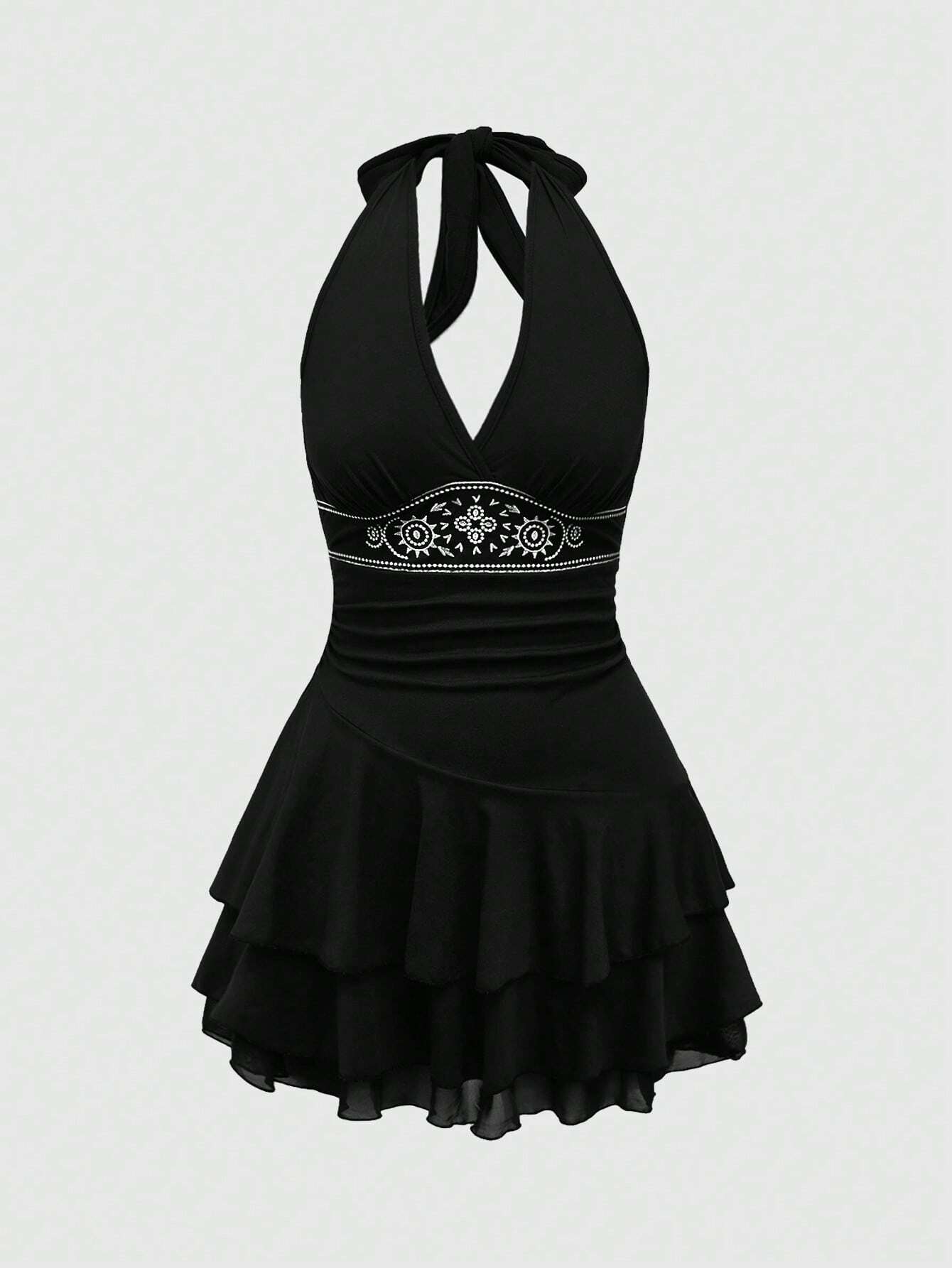 ROMWE Hippie Sun Totem Embroidered Sleeveless Layered Short Dress For Women
