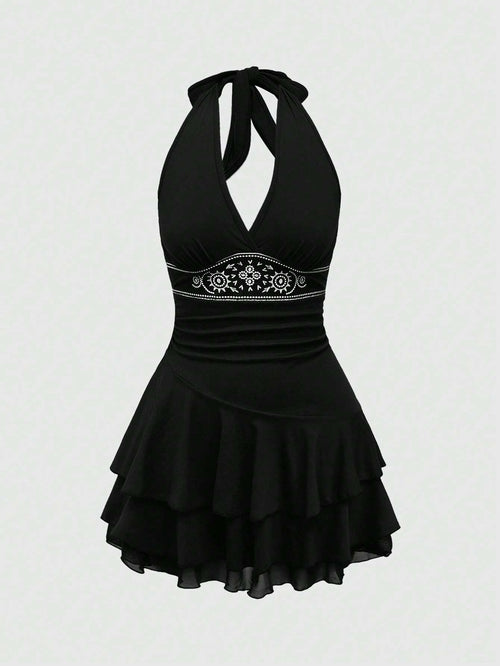 ROMWE Hippie Sun Totem Embroidered Sleeveless Layered Short Dress For Women