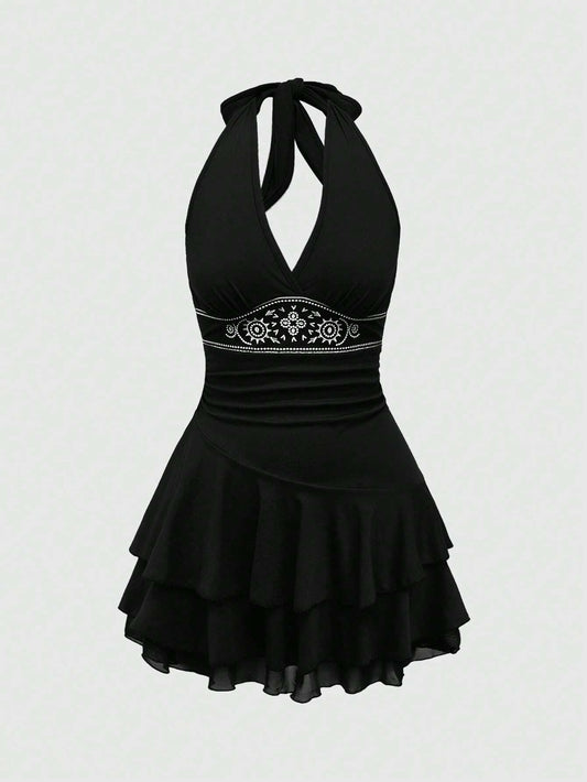 ROMWE Hippie Sun Totem Embroidered Sleeveless Layered Short Dress For Women