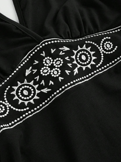 ROMWE Hippie Sun Totem Embroidered Sleeveless Layered Short Dress For Women