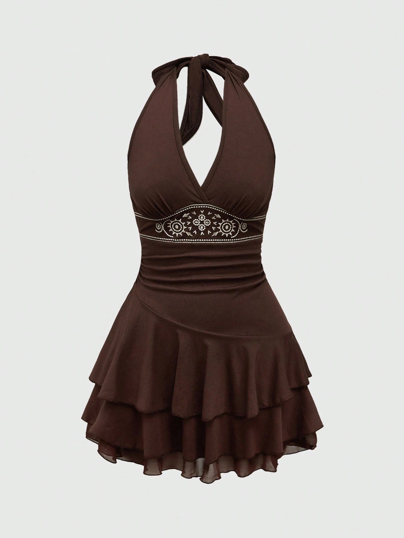 ROMWE Hippie Sun Totem Embroidered Sleeveless Layered Short Dress For Women