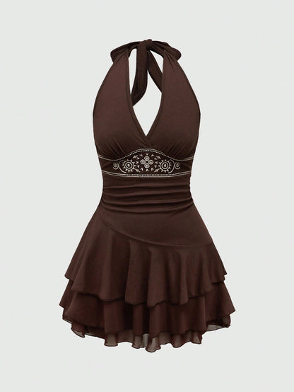 ROMWE Hippie Sun Totem Embroidered Sleeveless Layered Short Dress For Women