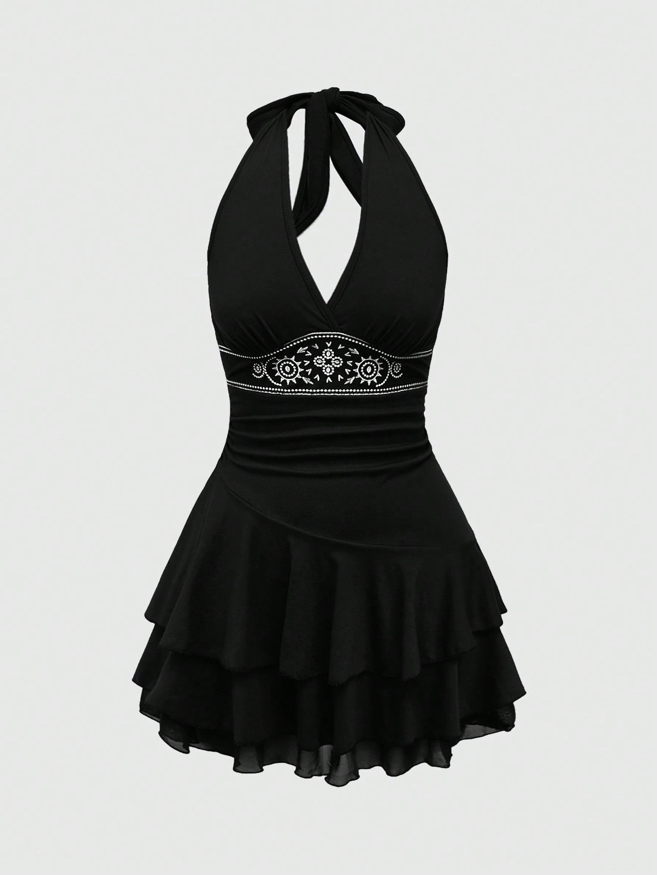 ROMWE Hippie Sun Totem Embroidered Sleeveless Layered Short Dress For Women