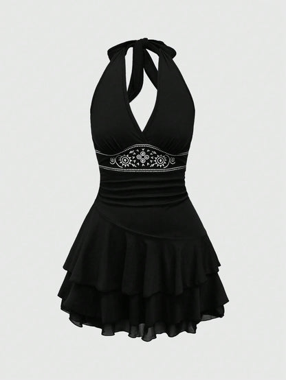 ROMWE Hippie Sun Totem Embroidered Sleeveless Layered Short Dress For Women