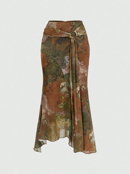 ROMWE Hippie Women's Country Vintage Boho Chic Asymmetrical Hem Paisley Print A-Line Skirt