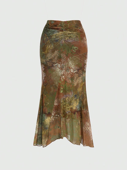 ROMWE Hippie Women's Country Vintage Boho Chic Asymmetrical Hem Paisley Print A-Line Skirt