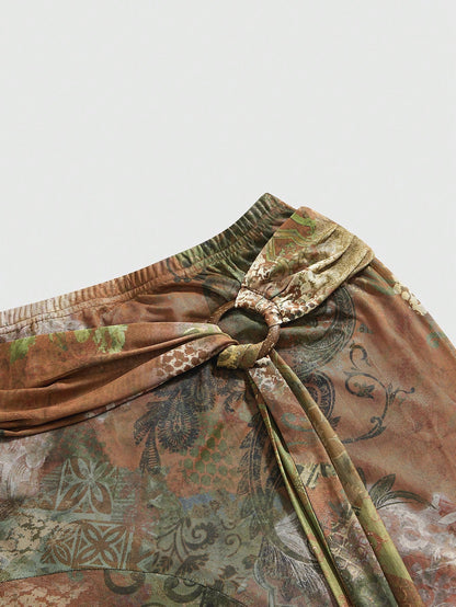 ROMWE Hippie Women's Country Vintage Boho Chic Asymmetrical Hem Paisley Print A-Line Skirt