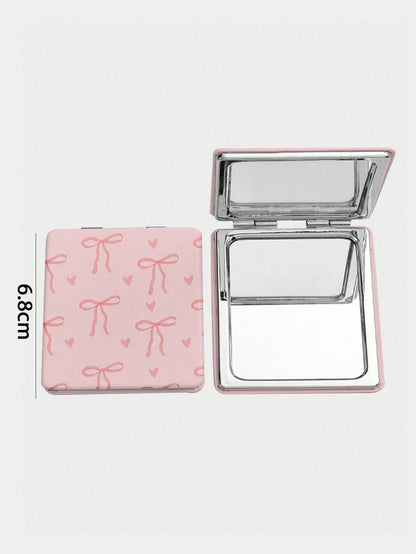 ROMWE Kawaii 1pc Pink Bow & Heart Print Square Makeup Mirror, Portable Hand Held Mirror For Girls (Pattern Placement Random)