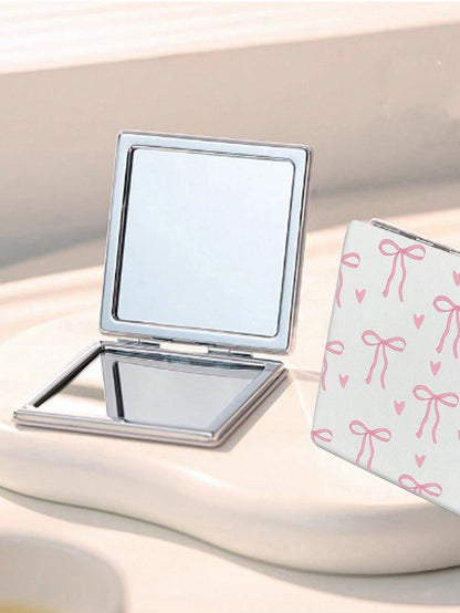 ROMWE Kawaii 1pc Pink Bow & Heart Print Square Makeup Mirror, Portable Hand Held Mirror For Girls (Pattern Placement Random)